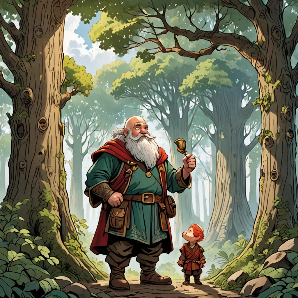 a man with a beard and a beard standing in a forest next to a little boy with a magnifying glass, fantasy art, a storybook illustration, Brothers Hildebrandt, storybook illustration