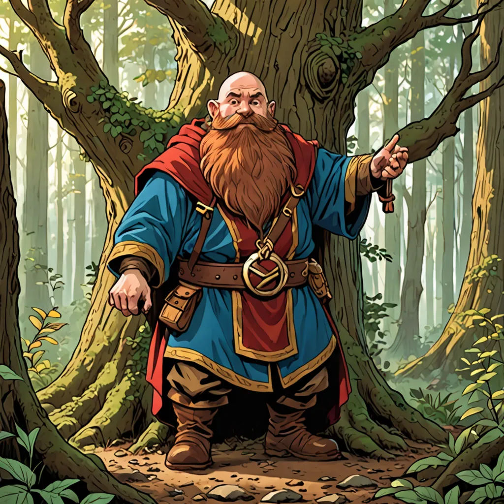 a man with a beard and a red cape standing in the woods with a staff pointing at something in his hand, fantasy art, a character portrait, Alex Horley, magic the gathering artwork
