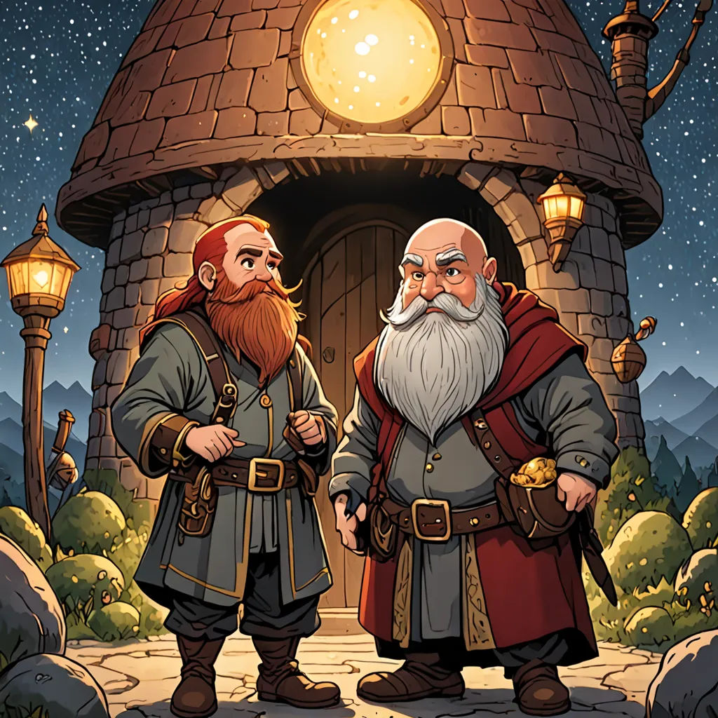 two dwarfs standing in front of a small building with a lantern on it's roof and a lantern on its roof, fantasy art, a storybook illustration, Brothers Hildebrandt, fantasy illustration