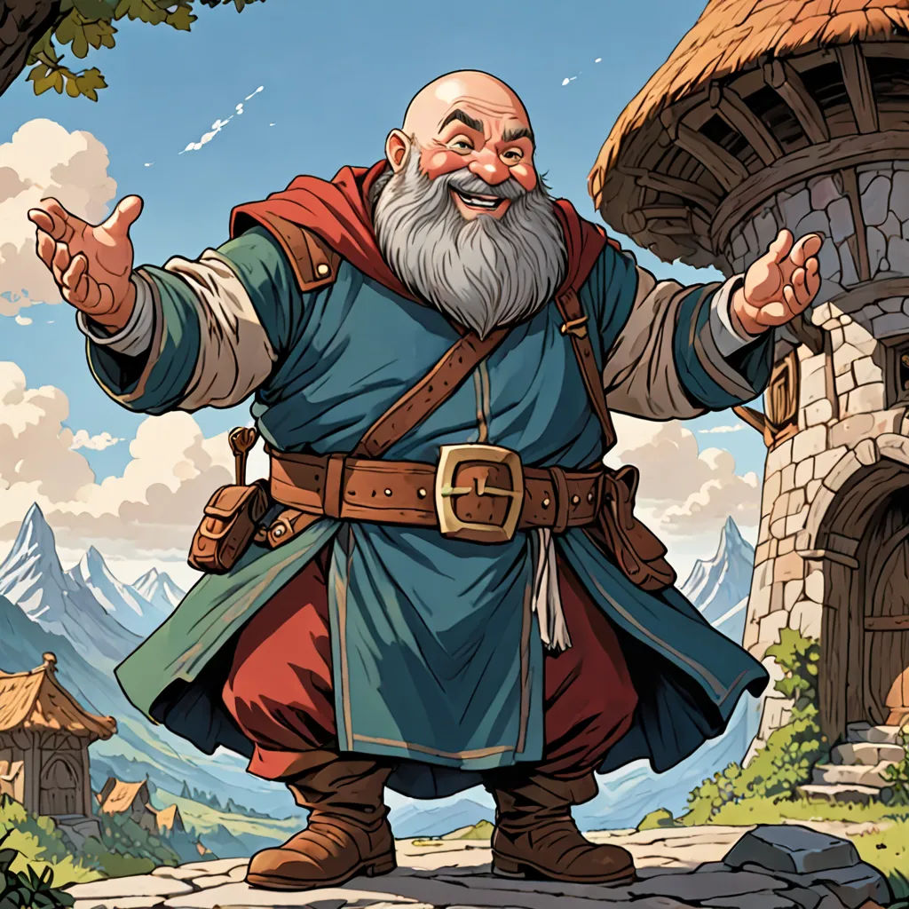 a cartoon of a man with a beard and a beard standing in front of a castle with a stone roof, fantasy art, a storybook illustration, Cliff Childs, epic fantasy character art