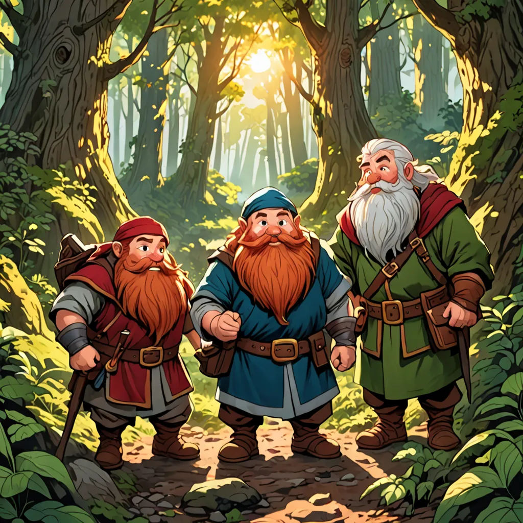 three gnomes are standing in the woods together, one is holding a staff and the other is carrying a staff, fantasy art, a storybook illustration, Brothers Hildebrandt, official art