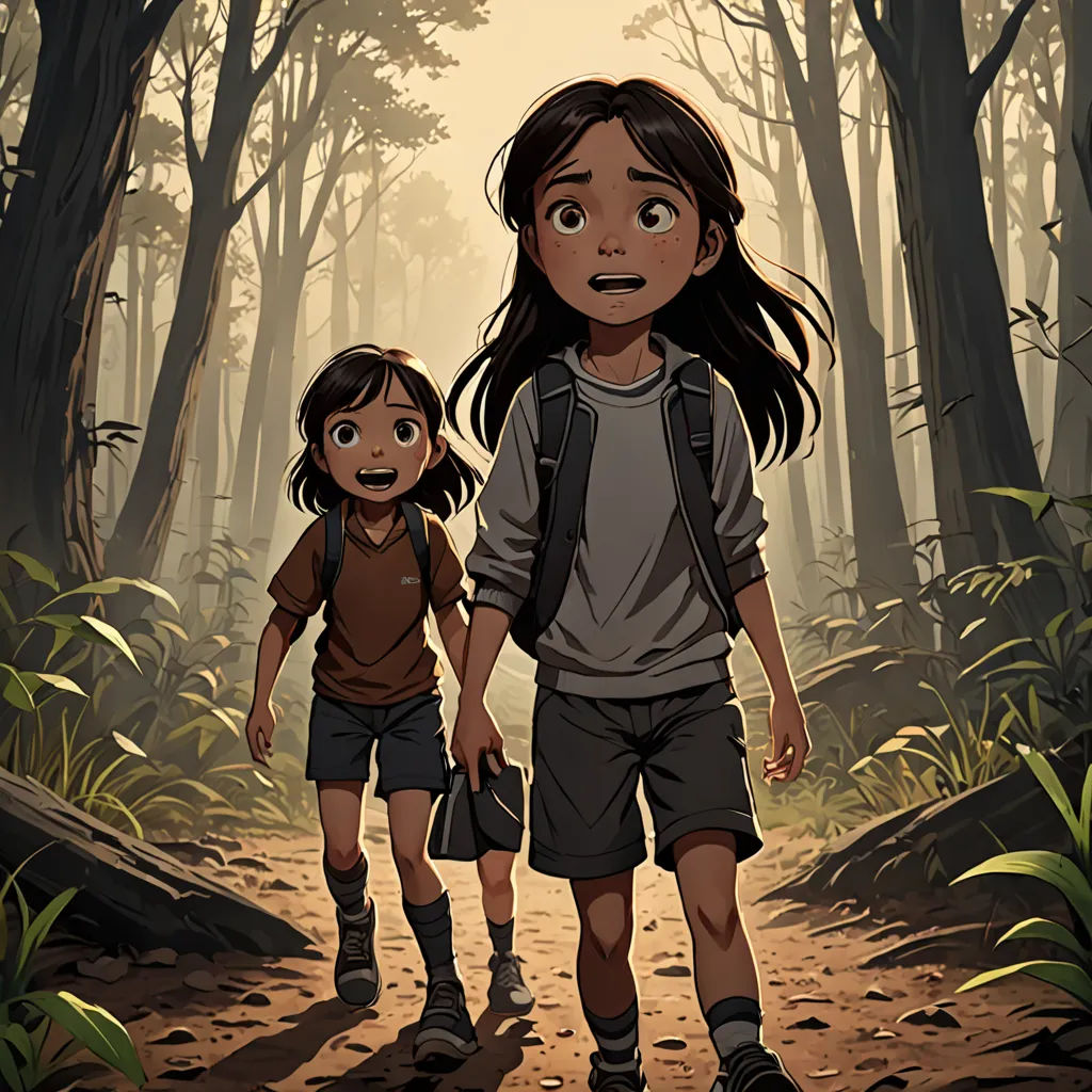 a couple of kids walking down a dirt road in a forest with trees and bushes behind them, with a light shining on the ground, serial art, a comic book panel, Cliff Childs, comic cover art