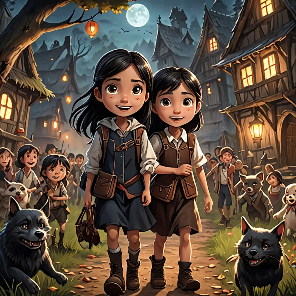 a couple of kids standing next to each other in front of a crowd of people and animals in a town, fantasy art, a storybook illustration, Andreas Rocha, kinkade