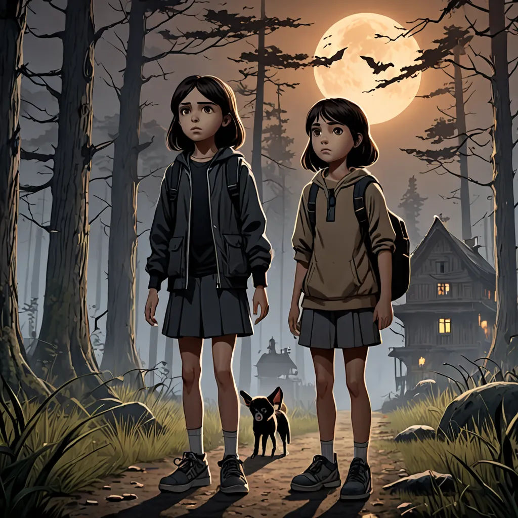 two children standing in the woods with a dog in front of them and a full moon in the background, serial art, poster art, Dan Mumford, key art