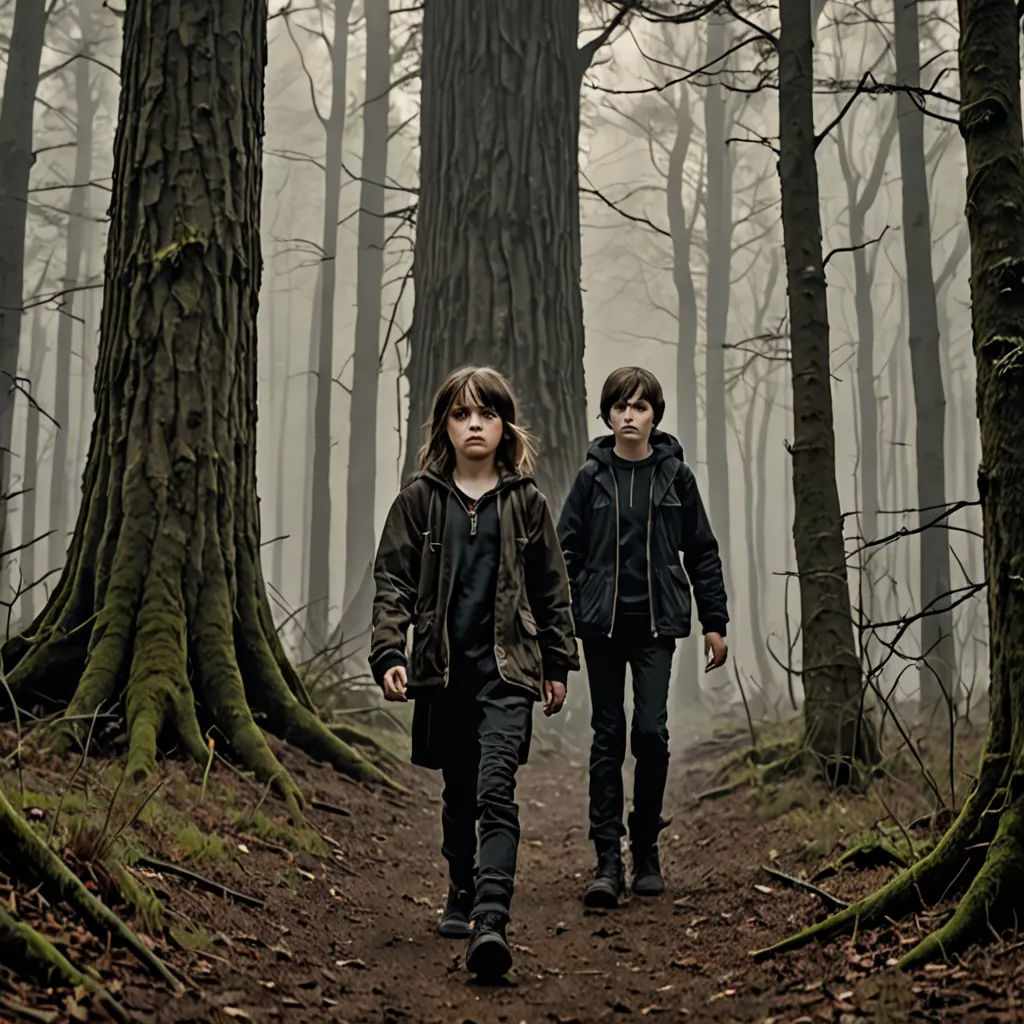 two people walking through a forest with trees in the background and fog in the air above them, with a person standing in the foreground, antipodeans, poster art, Felix-Kelly, promotional image