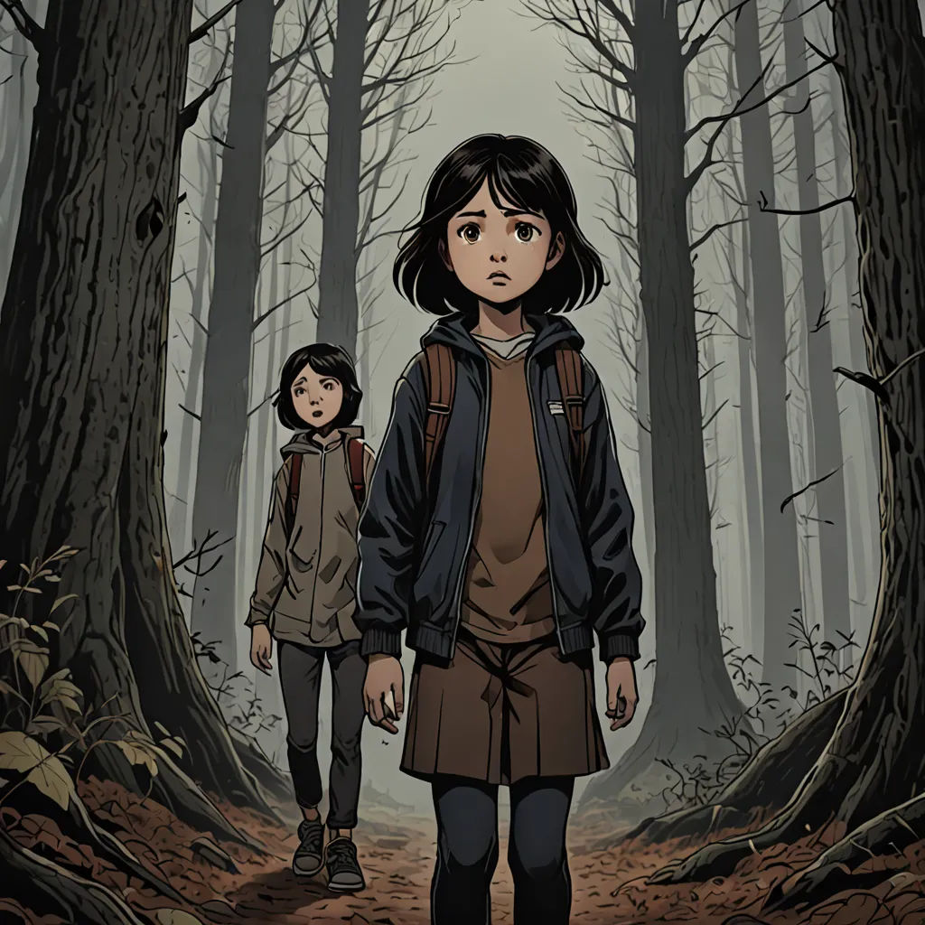 a woman and a child walking through a forest in the woods with trees and leaves on the ground, with a dark background, serial art, a comic book panel, Ada Gladys Killins, official art