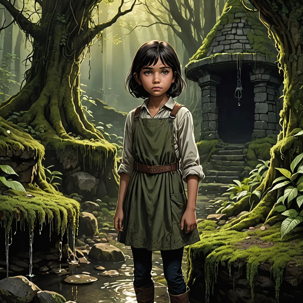 a painting of a girl standing in a forest with a stream of water in front of her and a house in the background, fantasy art, a storybook illustration, Andreas Rocha, magic the gathering artwork