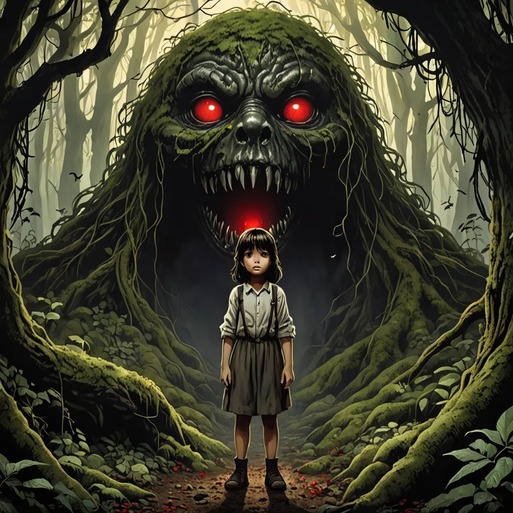 a girl standing in a forest with a creepy face on her face and a creepy monster's head, sots art, poster art, Dan Mumford, ghibli