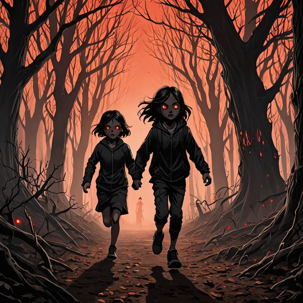 two children walking through a dark forest with red eyes on their faces and a creepy red light in the background, international gothic, a storybook illustration, Dan Mumford, josan gonzales and dan mumford