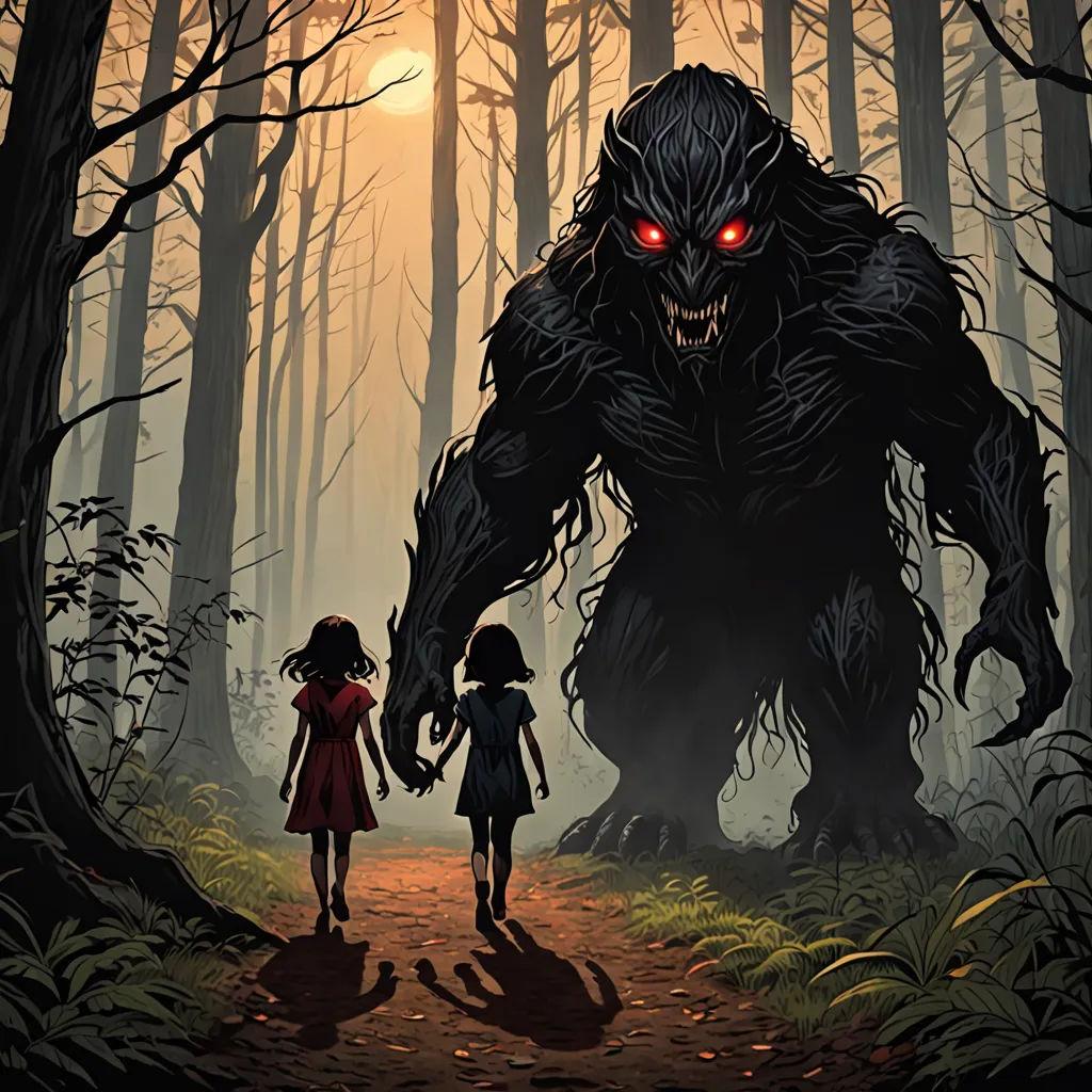 a couple of kids walking through a forest next to a giant monster with red eyes and a creepy face, furry art, a storybook illustration, Dan Mumford, comic cover art
