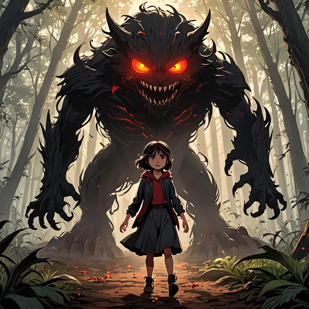a girl standing in front of a giant monster in a forest with red eyes and a red demon on its face, furry art, a storybook illustration, Diego Gisbert Llorens, official art