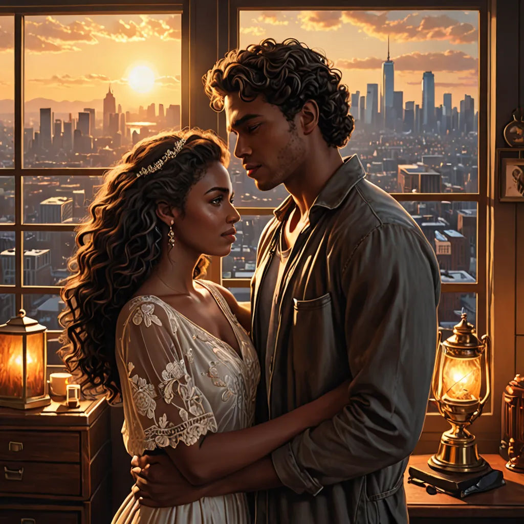a man and a woman standing in front of a window with a city view in the background and a sunset, harlem renaissance, a storybook illustration, Dan Mumford, highly detailed digital painting