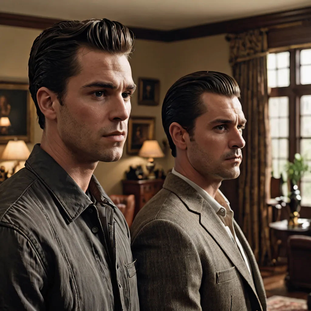 two men standing in a living room next to a window with a view of a living room and a dining room, arts and crafts movement, a poster, Brothers Hildebrandt, promotional image
