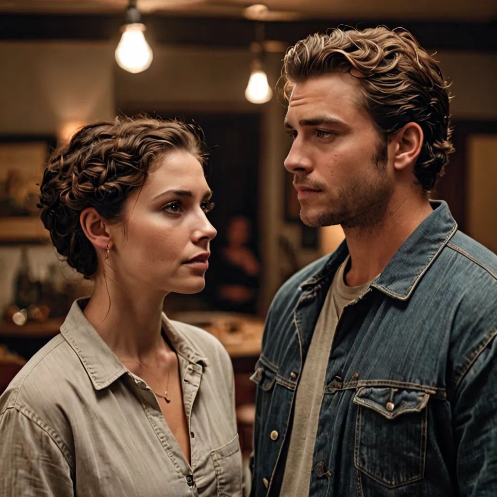 a man and a woman standing in a kitchen together looking at each other with a serious look on their face, american romanticism, a poster, Celia Fiennes, promotional image