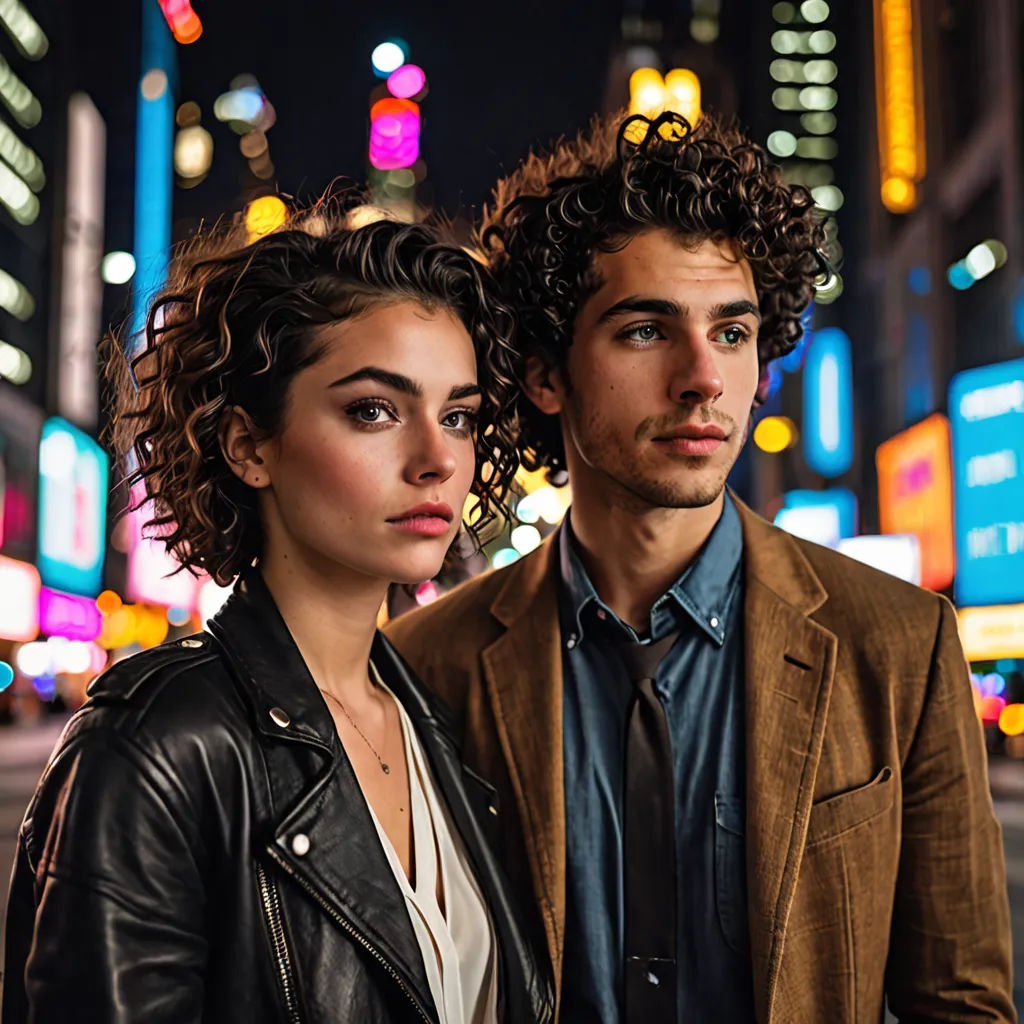 a man and a woman standing in the street at night with city lights in the background and a woman in a leather jacket, video art, a stock photo, Drew Tucker, promotional image