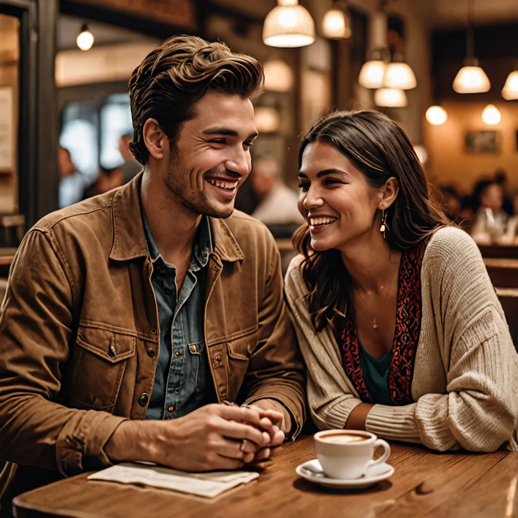 a man and a woman sitting at a table smiling at each other with a cup of coffee in front of them, incoherents, a stock photo, Dennis Ashbaugh, promotional image