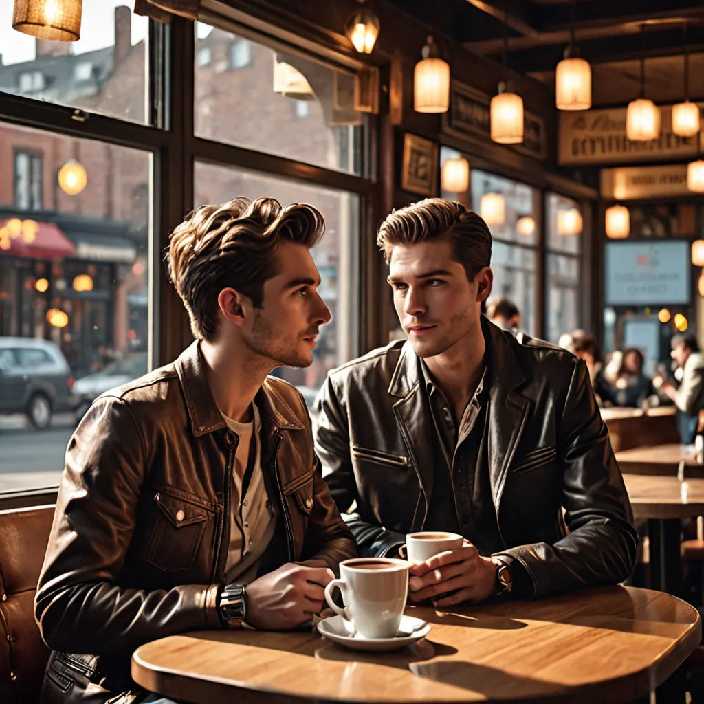 two men sitting at a table talking and drinking coffee in a restaurant with a view of the street outside, private press, a stock photo, Christian Hilfgott Brand, promotional image