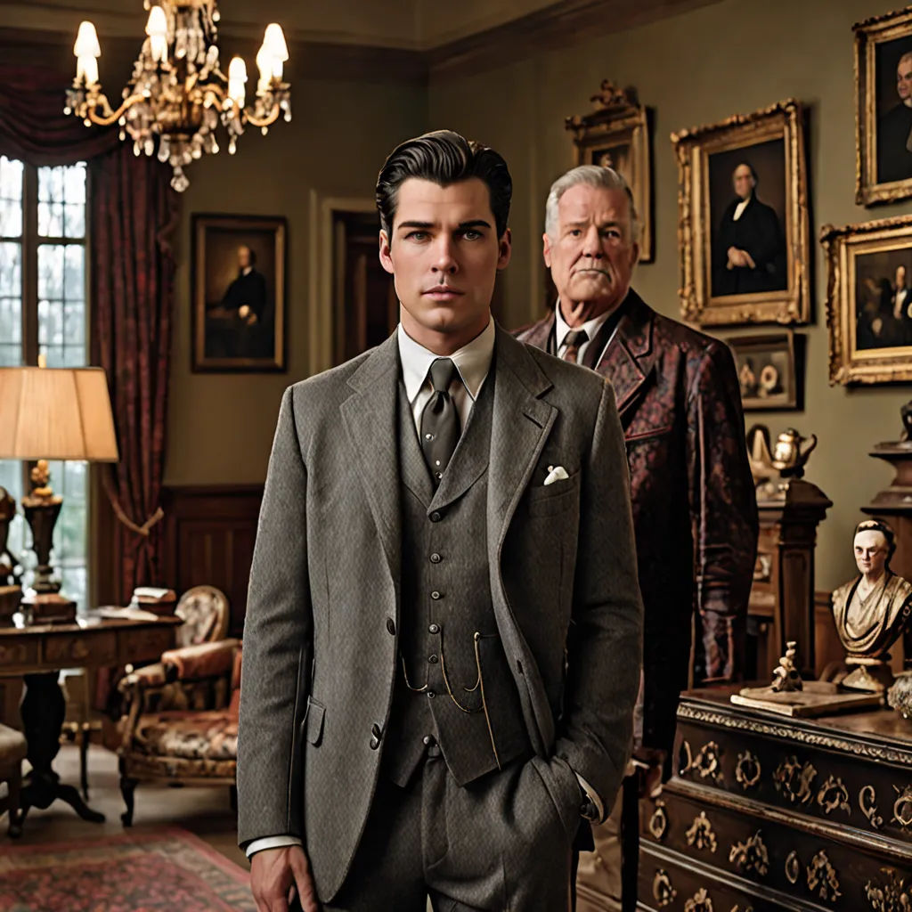 a man in a suit standing next to a man in a suit in a room with paintings on the walls, arts and crafts movement, a poster, Enguerrand Quarton, promotional image