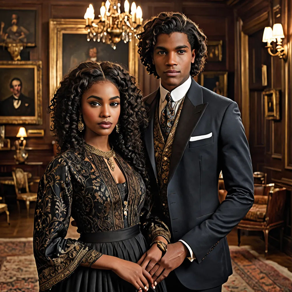 a man and a woman in formal wear posing for a picture in a room with paintings on the walls, harlem renaissance, a flemish Baroque, Enguerrand Quarton, promotional image