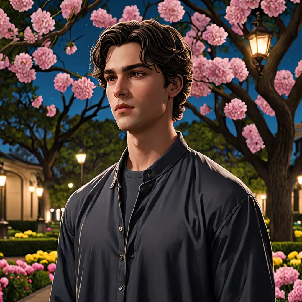 a man standing in front of a tree with pink flowers on it and a street light in the background, photorealism, a character portrait, Cedric Seaut (Keos Masons), kinkade