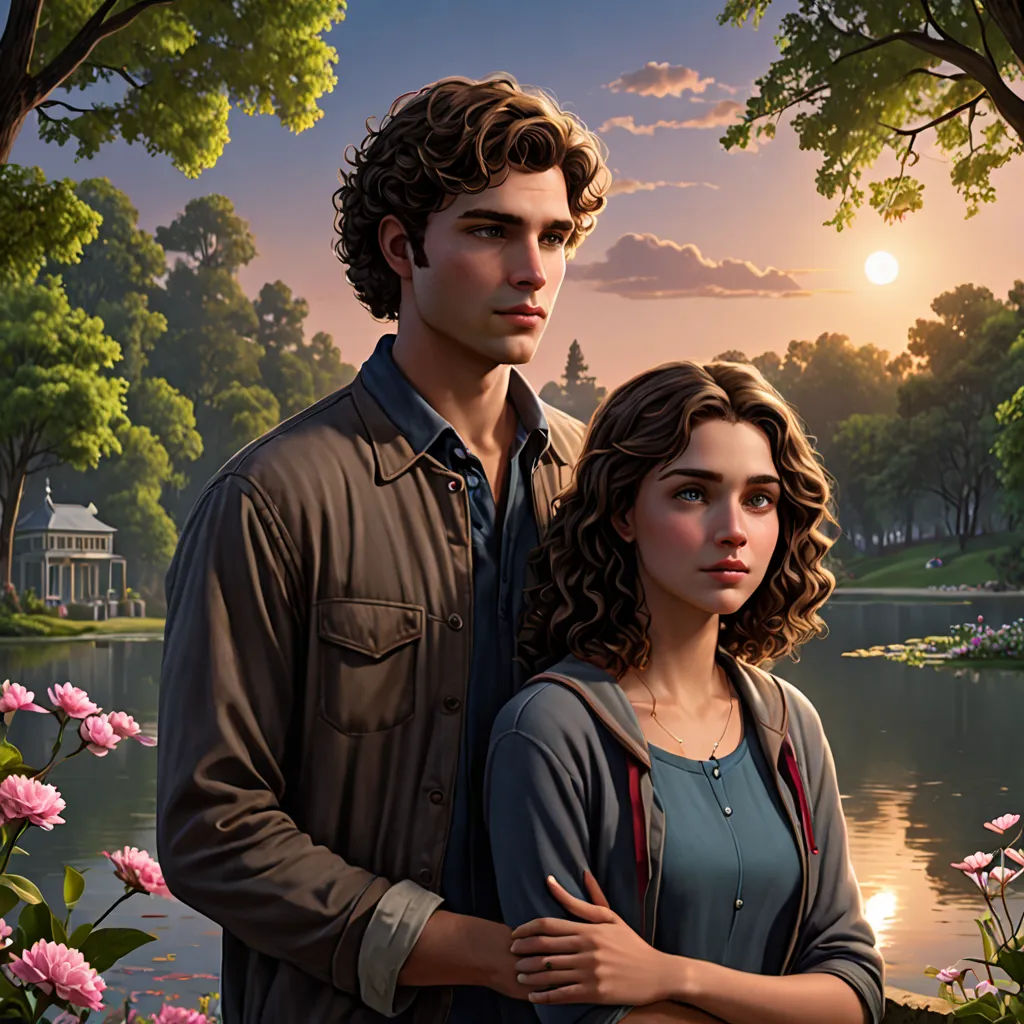 a man and a woman standing next to each other in front of a lake and trees with pink flowers, sots art, a painting, Cedric Seaut (Keos Masons), key art
