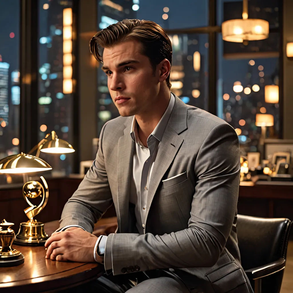 a man in a suit sitting at a table with a lamp in front of him and a city view, art deco, a marble sculpture, Alexander Kucharsky, promotional image