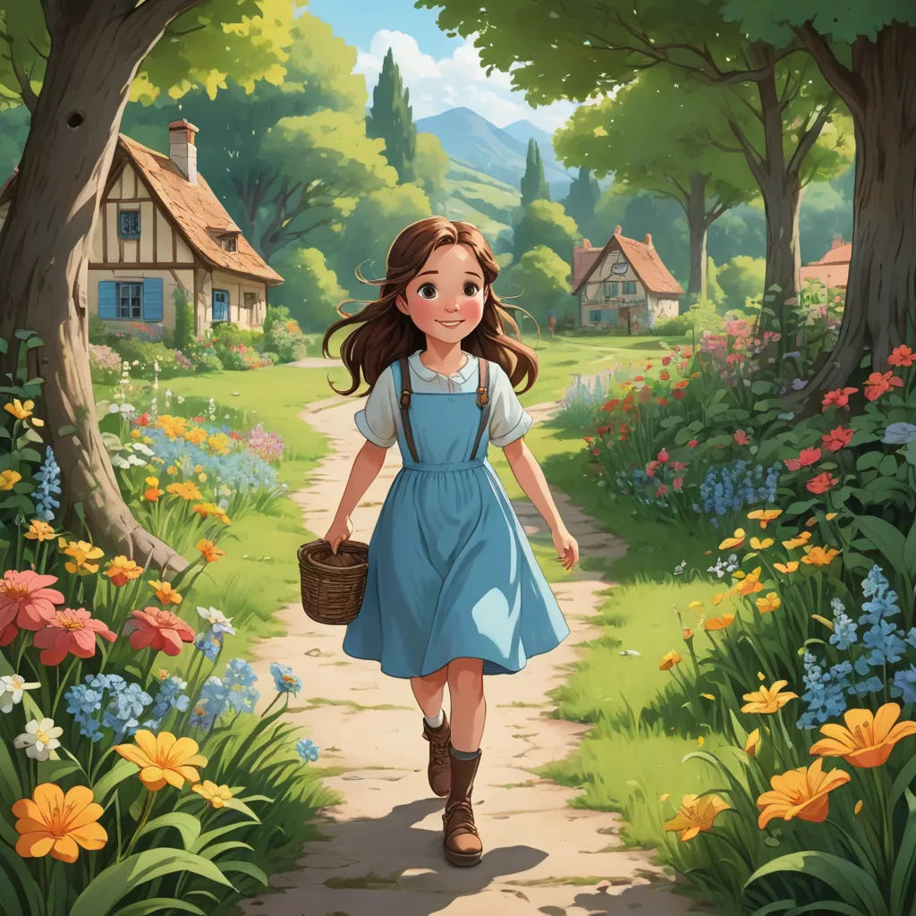 a girl in a blue dress walking down a path with a basket in her hand and a house in the background, fantasy art, a storybook illustration, Anne Said, rossdraws global illumination