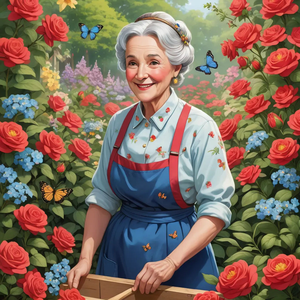 a painting of a woman in a garden with flowers and butterflies around her, holding a box with a butterfly on it, american scene painting, a character portrait, Doris Blair, highly detailed digital painting