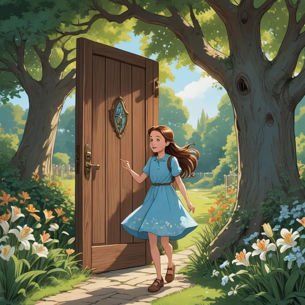 a cartoon girl is entering a door into a garden with flowers and trees in the background and a clock on the door, magical realism, a storybook illustration, Alice Prin, storybook illustration