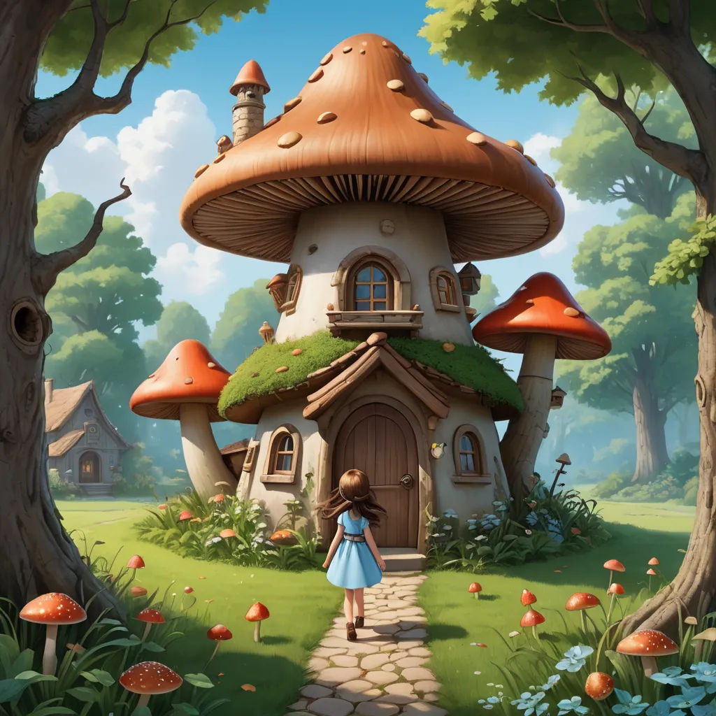 a painting of a little girl standing in front of a mushroom house in a forest with mushrooms and mushrooms, fantasy art, a storybook illustration, Chris LaBrooy, storybook illustration