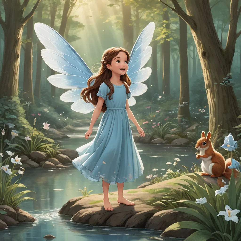 a fairy with a blue dress and a squirrel in a forest with flowers and trees, and a stream, fantasy art, a storybook illustration, Cliff Childs, storybook illustration