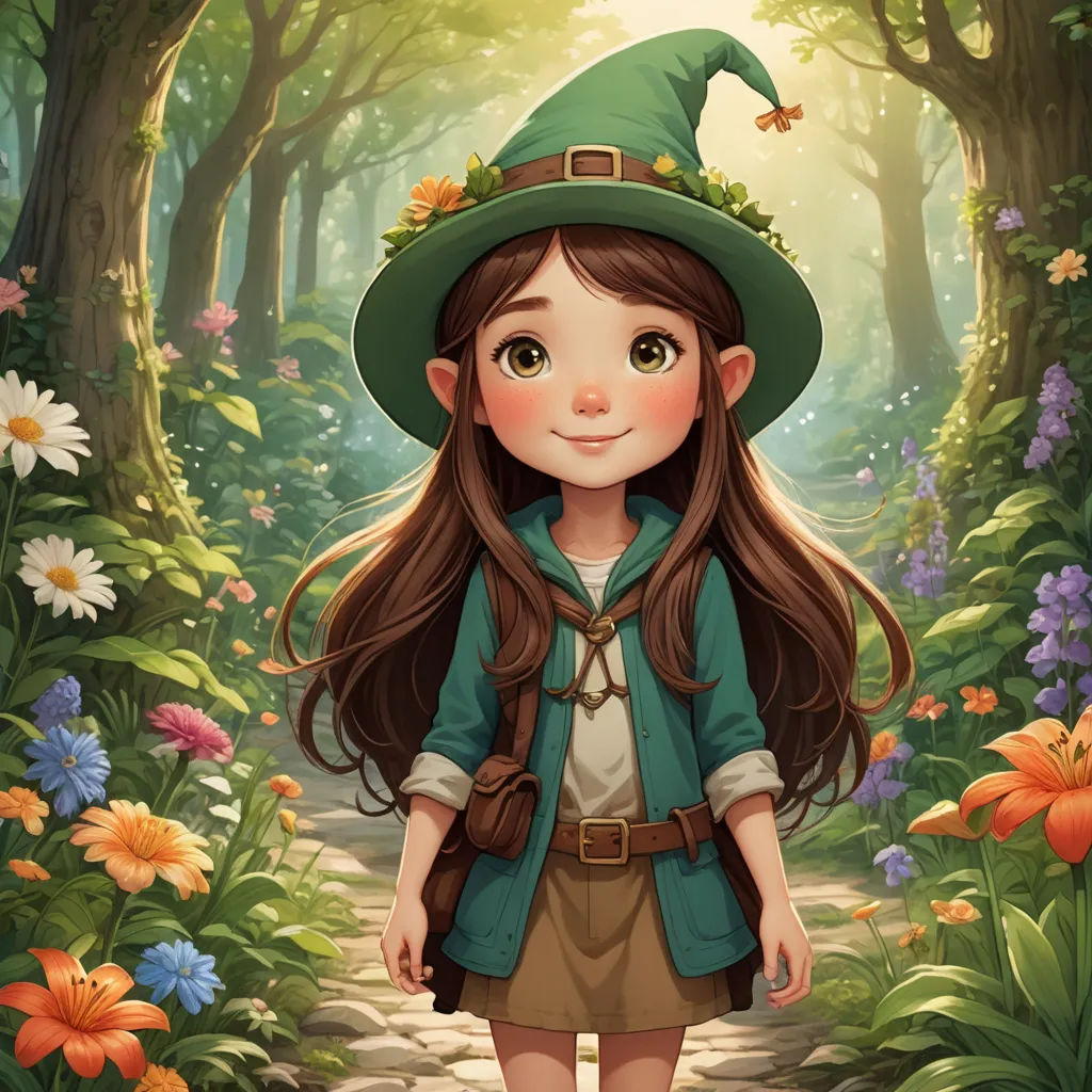 a girl in a green hat and brown skirt standing in a forest with flowers and butterflies on her head, fantasy art, a storybook illustration, Cliff Childs, deviantart artstation