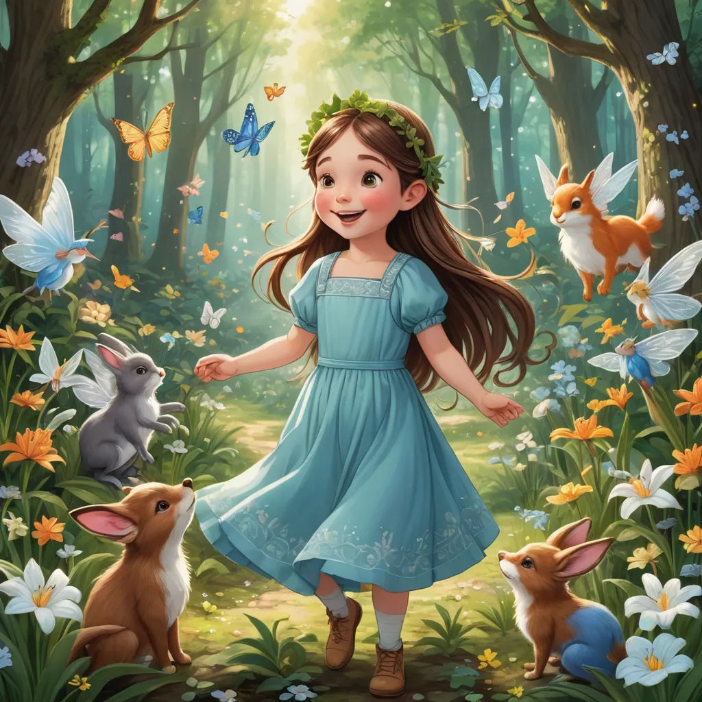 a little girl in a blue dress standing in a forest with animals and butterflies around her, with a forest background, fantasy art, a storybook illustration, Alice Prin, storybook illustration