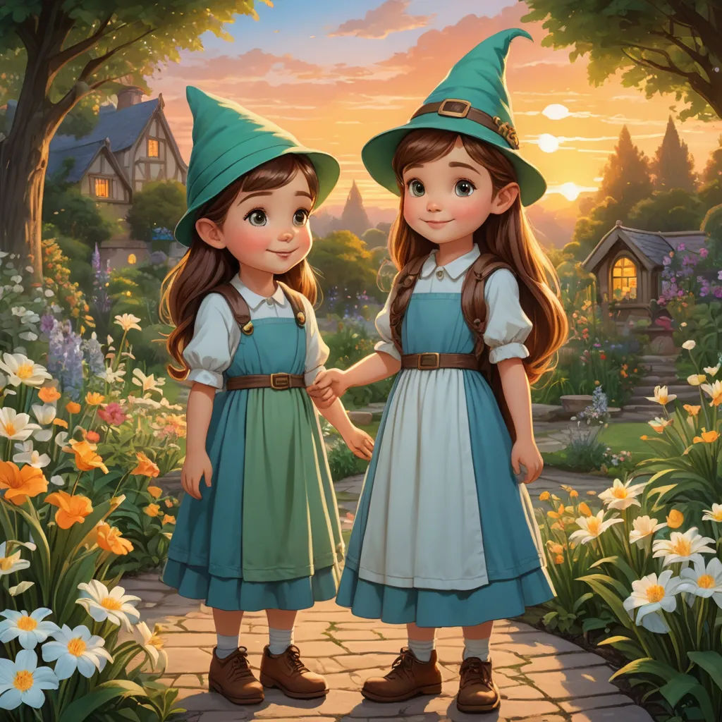 two little girls dressed in green and blue standing in a garden with flowers and trees in the background, one holding the hand of the other's hand, fantasy art, a storybook illustration, Brothers Hildebrandt, official art