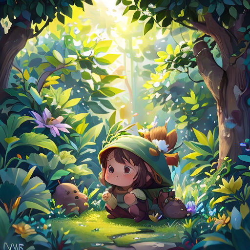 a cartoon girl sitting in the middle of a forest with a forest background and a forest scene in the background