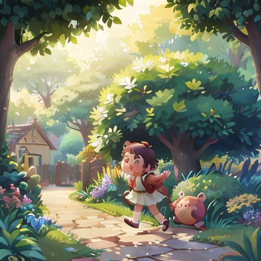 a girl is walking through a forest with a pig in her hand and a house in the background with trees