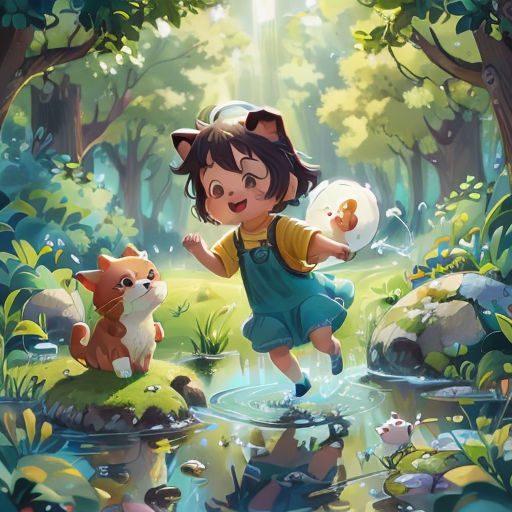 a girl is playing with a cat in the woods with a dog and a cat on a pond in front of her