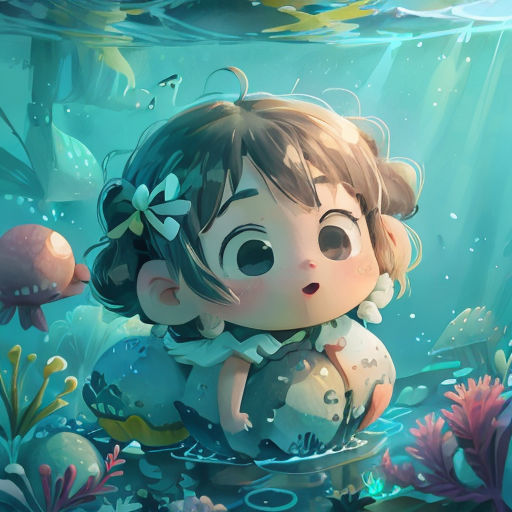 a little girl sitting on top of a body of water surrounded by fish and plants, with a fish in her hair