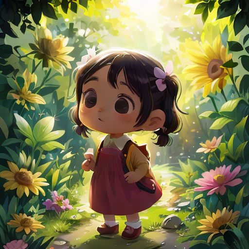 a little girl standing in a field of flowers with a backpack on her shoulder and a sunflower in the background