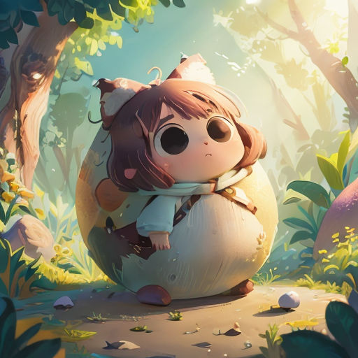 a girl sitting on a big ball in the middle of a forest with trees and rocks around her, with a cat on her back