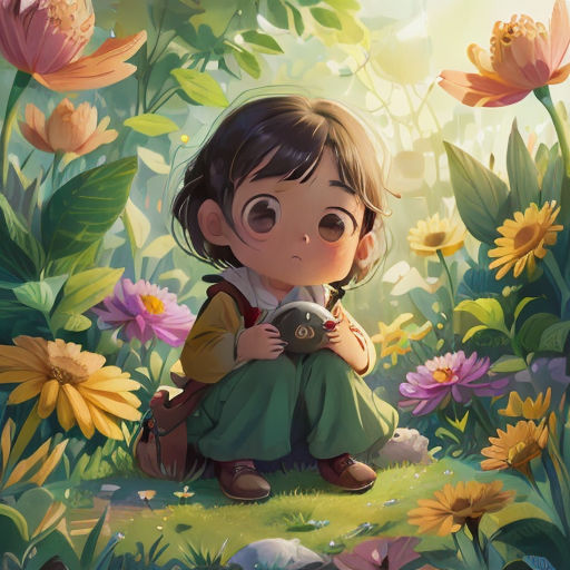 a little girl sitting in the grass with flowers around her and a teddy bear in her lap, looking at the camera