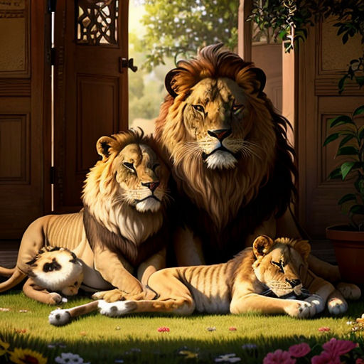a painting of two lions laying on the ground with their babies in front of a doorway with flowers and greenery