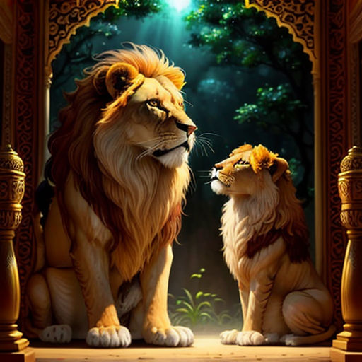 a lion and a dog sitting in front of a doorway with a light shining on them and a tree in the background