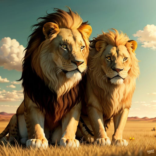 two lions sitting in the grass with a sky background and clouds in the background, with a blue sky and clouds