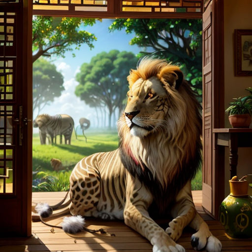 a painting of a lion sitting on a porch with other animals in the background and a doorway leading to a jungle