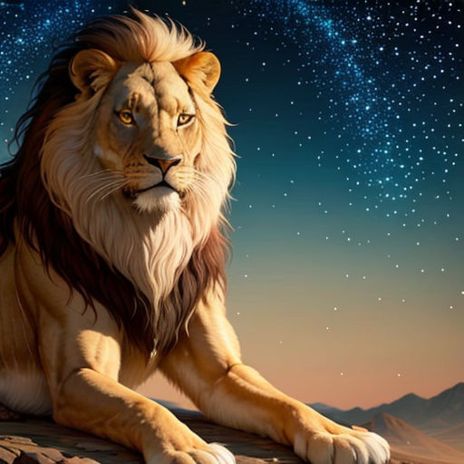 a lion sitting on a rock under a night sky with stars and a star filled sky above it, with a mountain range in the background