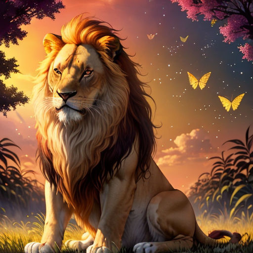 a lion sitting in the grass with a butterfly flying above it and a sunset behind it with trees and butterflies