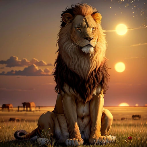 a lion sitting on the grass in front of a sunset with a full moon in the background and a few other animals in the distance