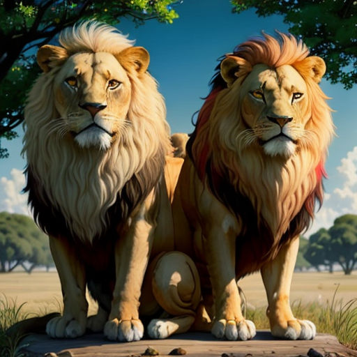 two lions sitting on a rock in the grass with trees in the background and a blue sky in the background