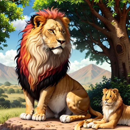 a lion and a lion cub sitting in the grass under a tree in a cartoon style, with mountains in the background